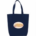 A dark blue tote bag with two handles featuring an oval logo reading Autumn Treasures with colorful autumn leaves around the text.