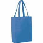 A solid blue reusable tote bag with two long handles, standing upright. The bag has a rectangular shape and a plain design.