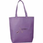 A purple tote bag with two handles, featuring the word ORBIT and the phrase sustainable energy sources printed in black. A colorful abstract logo is above the text.