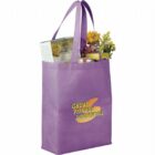A purple reusable shopping bag with Great Fitness Solutions printed on the front, filled with a cereal box, canned goods, yellow flowers, and other items.