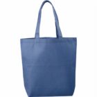 A plain blue tote bag with two handles, made of a fabric material. The bag is shown against a white background, highlighting its rectangular shape and simple design.