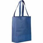 Blue tote bag with long handles and a rectangular shape, standing upright against a white background.