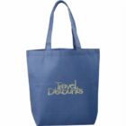 A blue tote bag with two handles, featuring yellow embroidered text in the center that reads Travel Discounts.