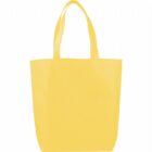 A plain yellow tote bag with two handles against a white background.