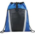 A drawstring backpack with a blue and black color scheme. The backpack features a central black panel bordered by white diagonal stripes, with blue side sections made of mesh material. The drawstrings are black.