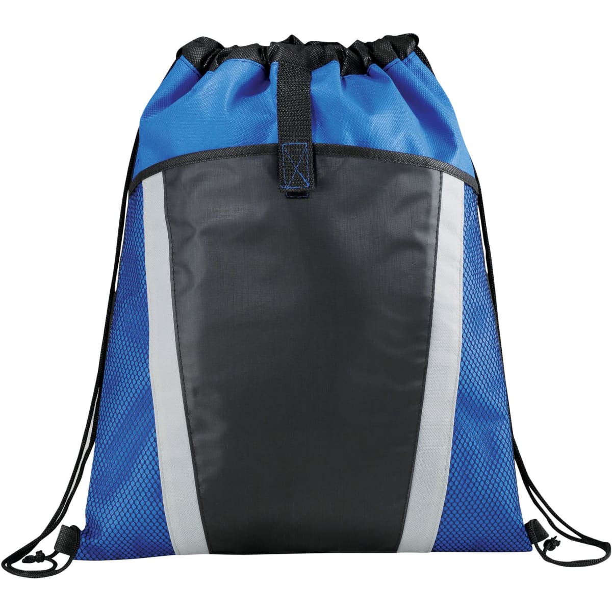 A drawstring backpack with a blue and black color scheme. The backpack features a central black panel bordered by white diagonal stripes, with blue side sections made of mesh material. The drawstrings are black.