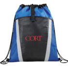 A blue and black drawstring backpack with a front pocket and mesh sides. The word CORT is printed in red on the black portion. The drawstrings are black and there is a carrying loop at the top.