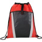 A red and black drawstring backpack with a black front pocket and white accents. The bag has black adjustable drawstrings and is made of a durable material suitable for carrying items.