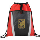 A red and black drawstring backpack featuring the logo Atlanta Bread Company Bakery Cafe in yellow on the front. The bag has reflective stripes and black drawstrings, with red mesh side pockets.
