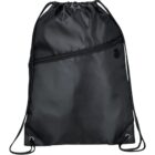 A black drawstring backpack with a front zippered pocket. The backpack has a shiny texture with black drawstrings and metal eyelets at the bottom corners. There is a small circular logo on the front.