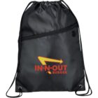 A black drawstring backpack featuring a front zippered pocket. The bag displays the IN-N-OUT BURGER logo in red and yellow on the front. The drawstrings are black, and the bag has metal grommets at the base.