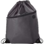 A sleek, dark grey drawstring backpack with a zipper pocket diagonally across the front and two black strings for straps. The bag has a small circular logo near the top right.