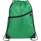Green drawstring backpack with a front zippered pocket and black corner accents. The bag has a loop for attaching items and black drawstrings for closure and carrying.