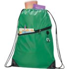 A green drawstring backpack with a front zippered pocket contains a pencil, a coffee cup, a purple book titled Investing, and a pair of earbuds. Black drawstrings and two black corner accents are visible.