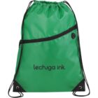A green drawstring backpack with a black zipper pocket. The bag features the text lechuga ink. printed in black. The bottom corners have black reinforced sections with metal eyelets.