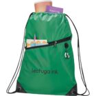 A green drawstring backpack with the text Lechuga Ink. is shown. It contains a white paper cup and a purple book titled Investing. The front pocket has orange and white papers, a pink pen, and a pair of black earbuds.