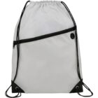 Gray drawstring backpack with a black zippered pocket on the front. Black drawstrings and reinforced corners with eyelets. Simple and practical design.