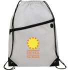 A gray drawstring backpack with black cords and a front zipper pocket. The bag features a bright yellow sun logo above the words FIESTA Car Rental in orange lettering.