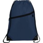 A navy blue drawstring backpack with a front zippered pocket and reinforced bottom corners featuring metal grommets. The drawstring cords are black, and the bag has a sleek, simple design.