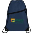 A blue drawstring backpack with Community FoodBank of New Jersey logo featuring a heart and sun. Contains the words Food - Help - Hope underneath the logo. The bag has a front zippered pocket and black accents.
