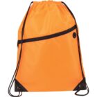 A bright orange drawstring backpack with a black zipper pocket and black corner reinforcements. There are black drawstrings and a small logo near the pocket.