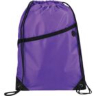 A purple drawstring bag with a front zipper pocket, black corners, and black drawstrings. The material appears to be nylon, and theres a small circular logo on the upper front.