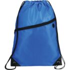 Blue drawstring backpack with a black diagonal zipper pocket on the front and black bottom corners featuring grommets for the strings. The fabric has a slight sheen.