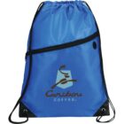 Blue drawstring backpack with black strings and a front zipper pocket. The bag features the Caribou Coffee logo in brown and light blue, showcasing a stylized coffee cup with steam.