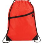 A bright red drawstring backpack with a front zipper pocket and black accents at the corners. It has black drawstrings for shoulder straps and a small circular logo on one side.