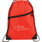 A red drawstring backpack with black corners and a black zipper pocket on the front. The text Holiday Expressions is printed in white cursive on the bag. Black drawstrings are attached to the sides for carrying.