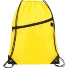 Bright yellow drawstring backpack with a front diagonal zipper pocket. Two black drawstrings and black corners are featured at the bottom. A small black circular embellishment is on the front.