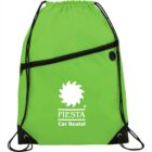 A bright green drawstring backpack with black strings and zipper. It features a white logo with a spiral sun design above the text FIESTA Car Rental.