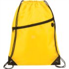 A bright yellow drawstring backpack with a black diagonal zipper pocket on the front. The bag has black drawstring straps and black reinforced corners at the bottom.
