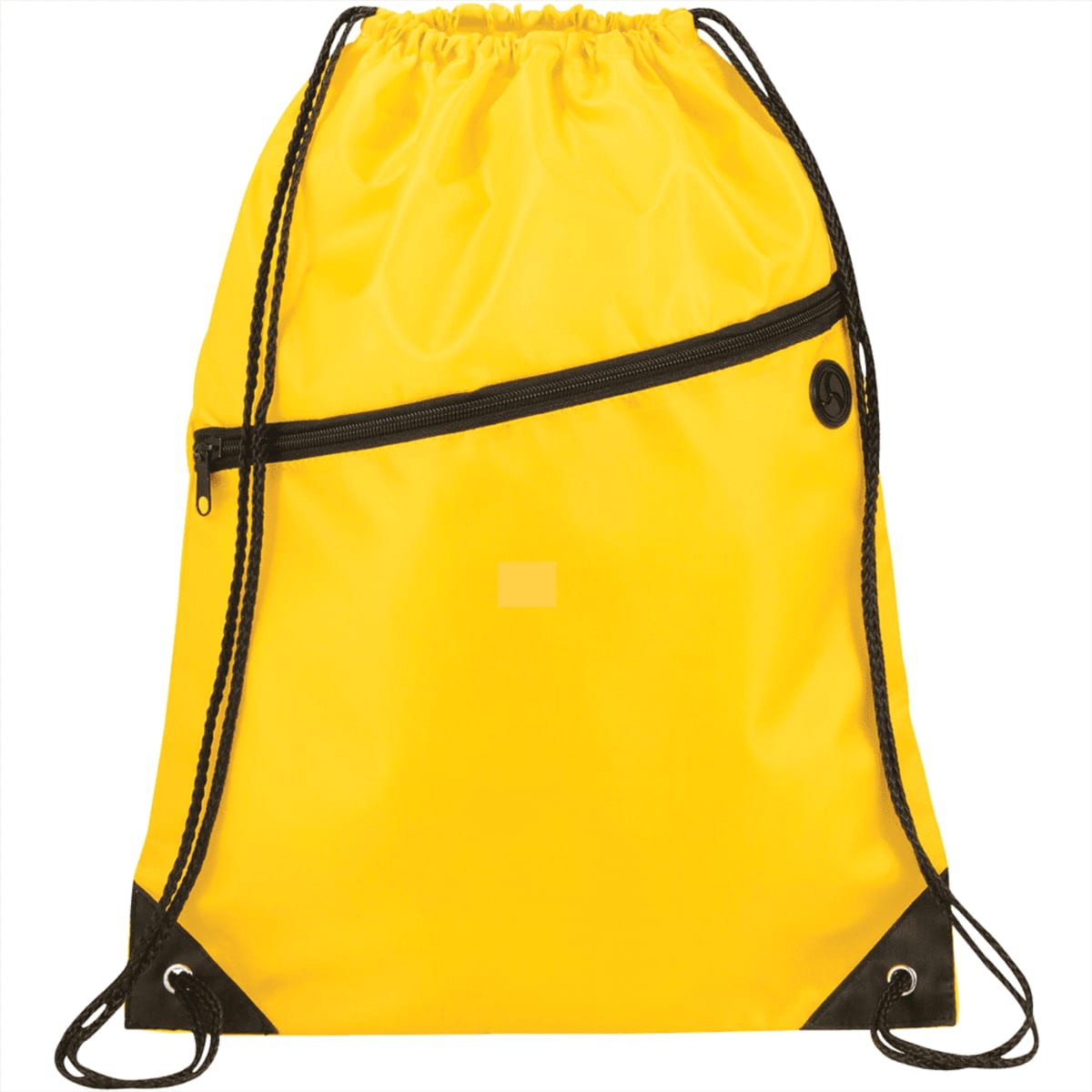 A bright yellow drawstring backpack with a black diagonal zipper pocket on the front. The bag has black drawstring straps and black reinforced corners at the bottom.