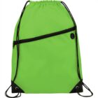 A bright green drawstring backpack featuring a front zipper pocket and black drawstrings. The corners are reinforced with black fabric and eyelets.