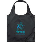 Black reusable shopping bag with a blue turtle graphic and the words Heron The coral island printed under it.