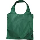 A green reusable shopping bag with wide handles and a small folded corner secured with a black drawstring. The bag has a smooth fabric texture.