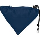 A blue triangular drawstring bag with a black cord and plastic toggle. The fabric appears smooth and slightly glossy, gathered at the top by the drawstring, creating a pouch shape.