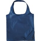 A blue reusable shopping bag with a simple handle design. It has a drawstring loop on the bottom right corner for folding or storage. The fabric has a slightly glossy finish.