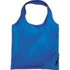 A reusable blue shopping bag with two handles and a small attached pouch for storage. The bag has a smooth texture and folds neatly into the pouch.