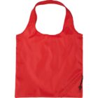 A bright red reusable shopping bag with a single handle and a small drawstring pouch attached at the bottom right corner. The fabric appears smooth and lightweight.