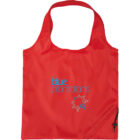 Red reusable tote bag with blue promotions text in light blue and a circular design of arrows in dark blue and light blue underneath. A small black drawstring is at the bottom right corner.