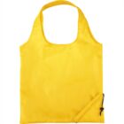 A bright yellow reusable shopping bag with handles, neatly folded at the bottom corner. The material appears to be lightweight and durable, featuring a small drawstring pouch for compact storage.