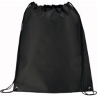 A black drawstring backpack with a smooth surface and thin black drawstrings, positioned upright against a white background. The bag is simple, without any visible logos or patterns.