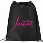 A black drawstring bag with pink text that reads Justine in cursive, followed by the slogan The beauty of science and nature.