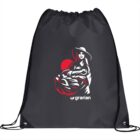 A dark drawstring bag featuring a stylized graphic of a person in a hat carrying a basket with a red sun in the background. The word agrarian is printed below the image.
