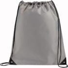 A gray drawstring backpack with black strings and reinforced black corners. The bag has a simple, plain design and is shown against a white background.