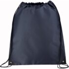 A navy blue drawstring backpack with black strings and reinforced metal eyelets at the corners. The bag has a simple design, made of smooth fabric, and is shown against a white background.