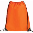 A bright orange drawstring backpack with black drawstrings and reinforced corners. The fabric appears smooth, and the overall design is simple and functional.