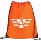 An orange drawstring bag featuring a white logo with a capital letter A and symmetrical wing-like designs extending from the sides. The bag has black drawstrings and reinforced corners.